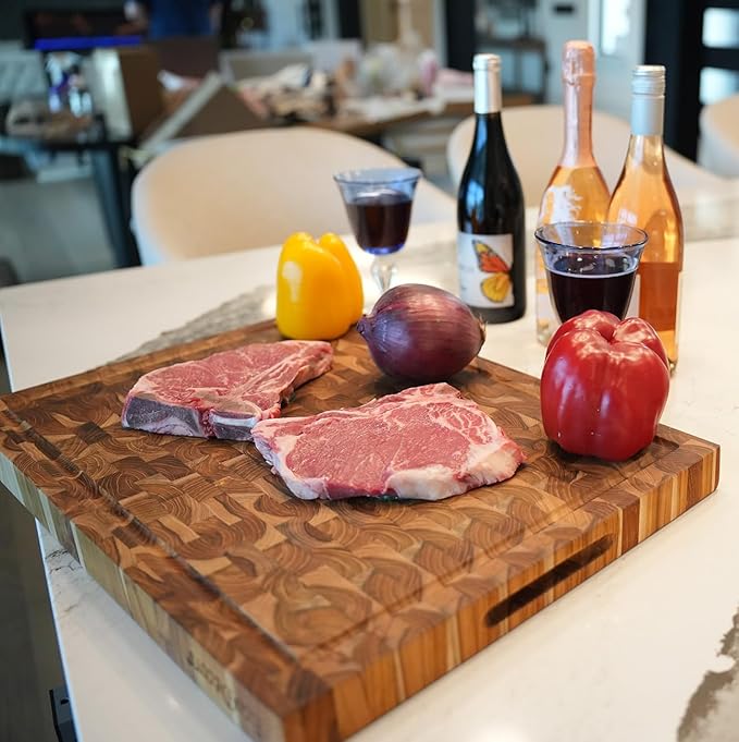 EcoDecors FSC Certified Solid Teak Cutting Board 20x15, Reversible End Grain Wood Board with 3