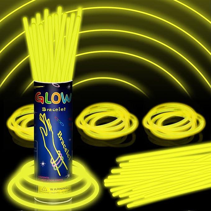 150 Pack 8” Yellow Glow Sticks Bulk with 150 Connectors Neon Glow In The Dark Party favors Supplies