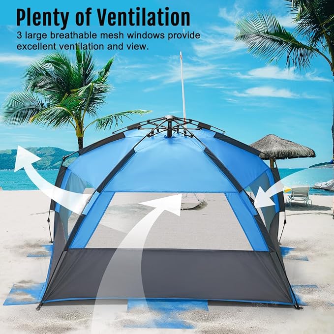 WhiteFang Deluxe Pop Up Beach Tent Sun Shade Shelter for 3-4/5-6 Person, UV Protection, Extendable
