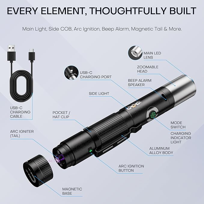 Pen Light Flashlight Rechargeable 600 Lumens,7-Mode Zoomable EDC Led Flashlights with Magnetic