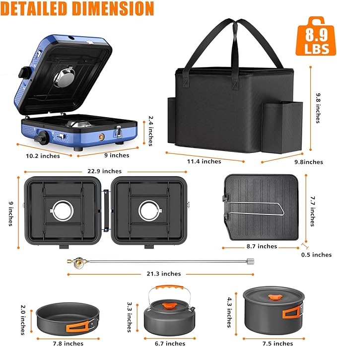 Portable 2 Burner Camping Stove Set with Cookware, Outdoor Cooking Kit Includes Outdoor Folding Gas