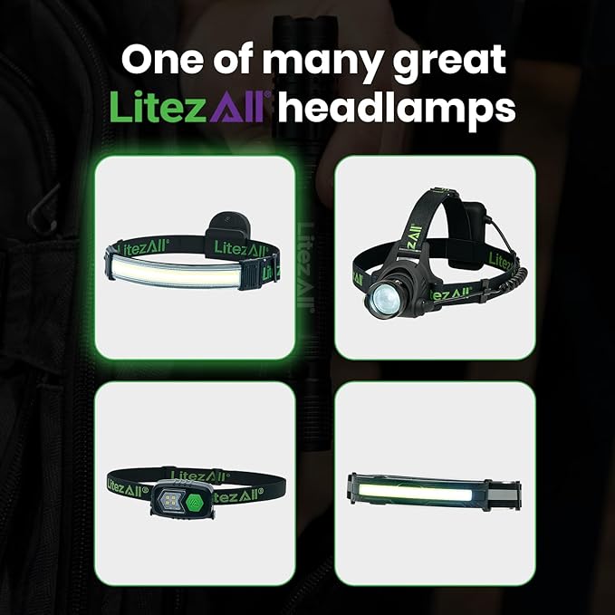 LitezAll Tactical LED Headlamp with Adjustable Headband, Flat Battery Powered Headlamp for Hiking