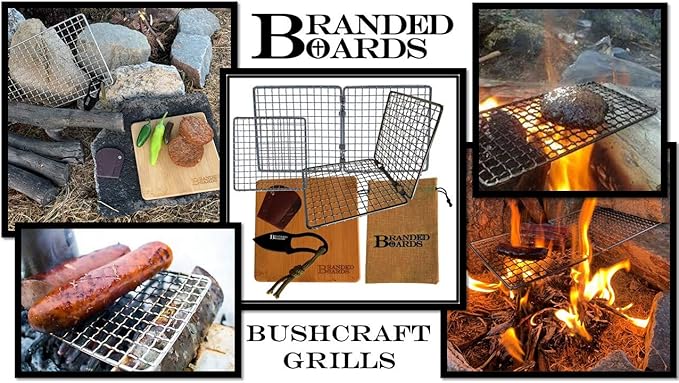 Portable Bushcraft Stainless BBQ Cooking Grill Grate, Bamboo Cutting Board, Burlap Bag, Mini Knife