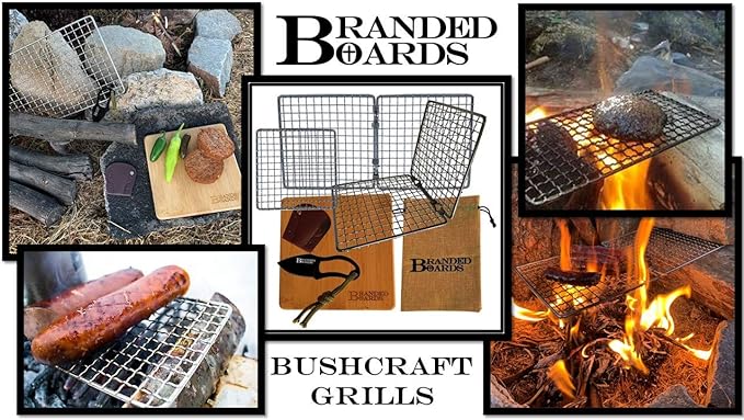 Portable Bushcraft Stainless BBQ Cooking Grill Grate, Bamboo Cutting Board, Burlap Bag, Mini Knife