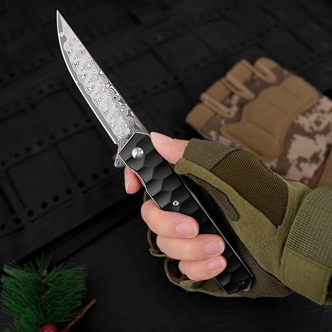 AUBEY Damascus Pocket Knife with Clip, Tanto Blade Damascus Steel Folding Knives for Men Tactical