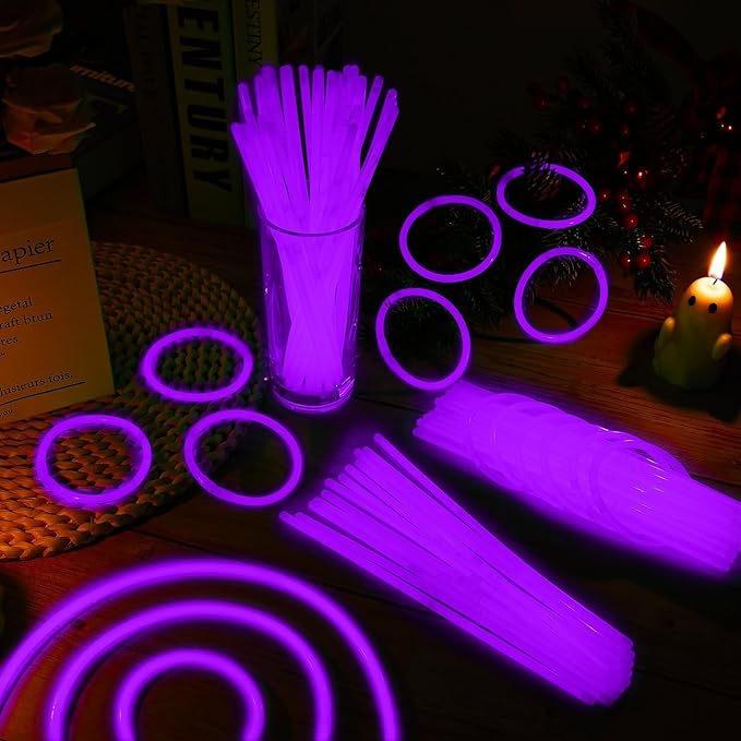 200 Pack 8'' Glow Sticks Bulk Party Favors Purple Light Up Sticks with Connectors Neon Glow in the