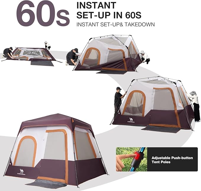 Camping Tents 4/6 Person Pop Up Instant Tent - Setup in 60s for Family Camping, Windproof Design