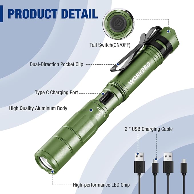 WORKPRO Rechargeable Pen Light, Mini Flashlight, 2 Pack Ultra-Compact EDC Flashlight, Pocket