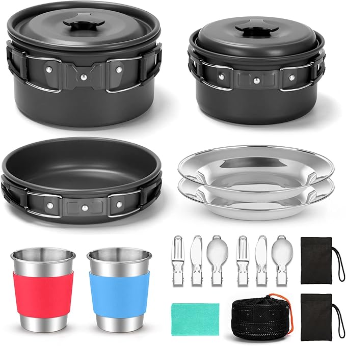 Odoland 15pcs Camping Cookware Mess Kit, Non-Stick Lightweight Pots Pan Set with Stainless Steel