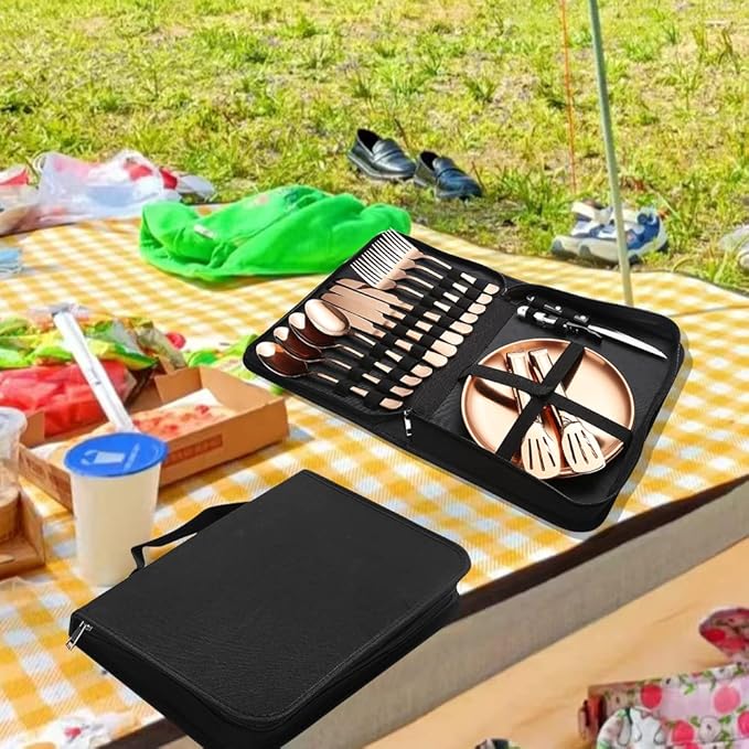 Picnic Tableware Set Camping Flatware Copper/Rose Gold Silverware and Plates Kit for 4 Portable