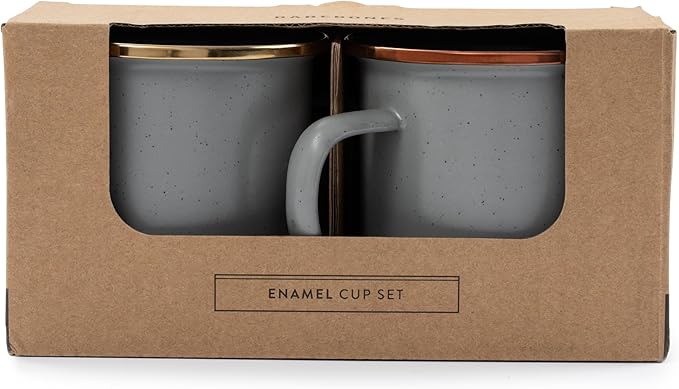 Barebones Enamel Cup Set- Enamel Coffee Mugs Set of 2 16-oz - Stainless Steel Rim Camping Mug for