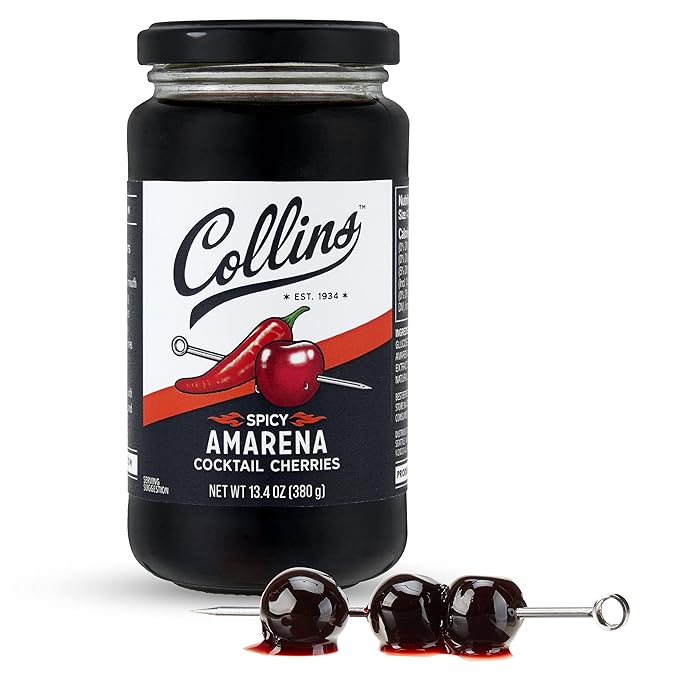 Collins Spicy Amarena Cherries in Syrup, Black Cherries for Old Fashioned or Manhattan, Cocktail