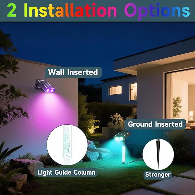 RGB Solar Spot Lights : 2 IN 1 Solar Lights Outdoor with 8 Lighting Modes & PC Light Guide Column