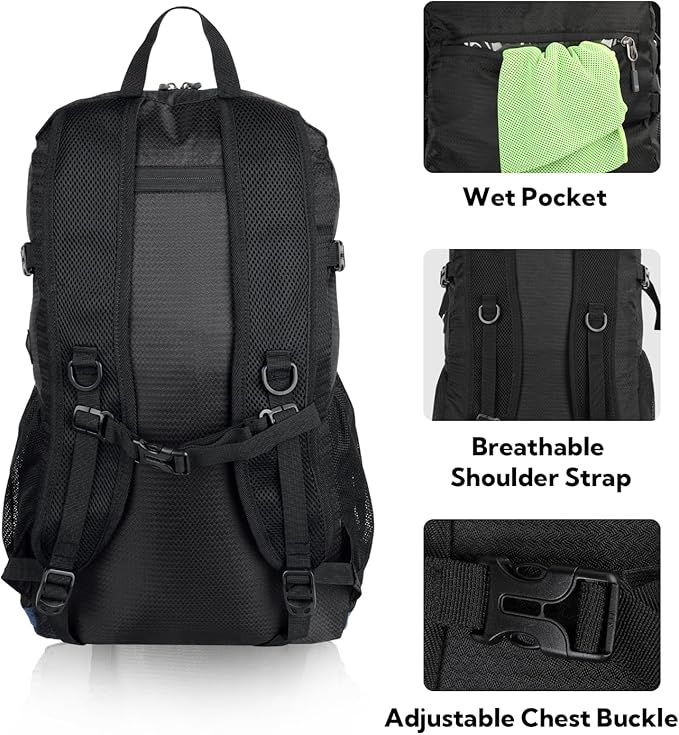 WATERFLY Lightweight Packable Hiking Backpack: 30L Foldable Travel Daypack Ultralight Camping Day