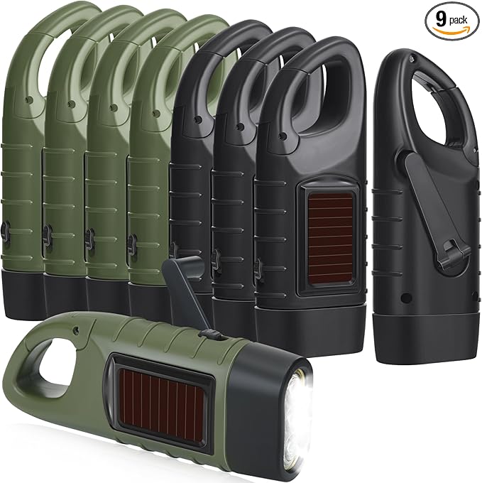 Leelosp 9 Pieces Hand Crank Flashlight Solar Powered Flashlight for Emergencies Dynamo Rechargeable