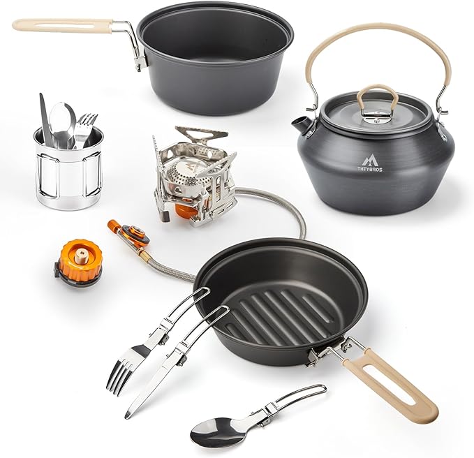17pcs Camping Cookware Kit, 0.45Gal Pot, 7inches Pan,0.30Gal Kettle Set with 2 Set Stainless Steel