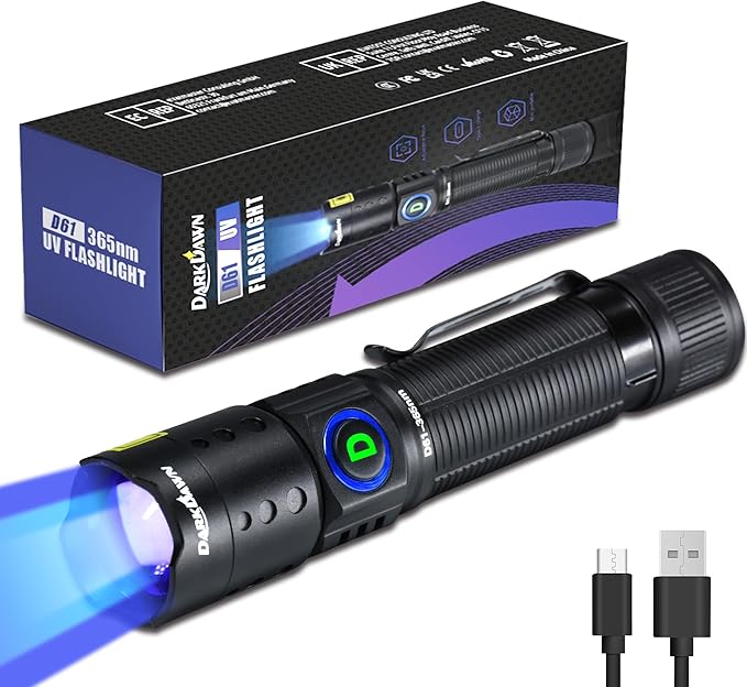 DARKDAWN UV Flashlight 365nm Light Mini USB Rechargeable Ultraviolet LED Blacklight Woods Lamp