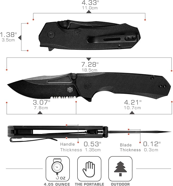 EDC Pocket Knife Rhino,3" D2 Steel Blade Durable G10 Handle, Folding Pocket Knives with Reversible