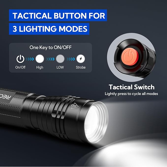 RECHOO S2000 LED Flashlight High Lumens, Super Bright, Powerful, Mid-Size Tactical Flashlight with