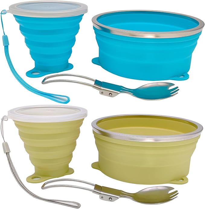 Mess Kit for Camping Silicone Collapsible Bowl Collapsible Cup and Stainless Steel Spoon for