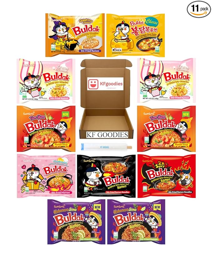 KF GOODIES Korean Ramen Variety Pack Gift Box (11 Count) - Spicy Buldak Noodle Assortment for