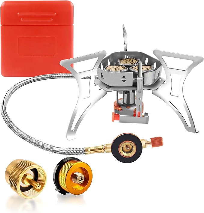 6800W Camping Stove with Fuel Canister Adapter Portable Backpacking Gas Stove with Piezo Ignition