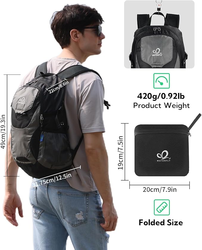 WATERFLY Lightweight Packable Hiking Backpack: 30L Foldable Travel Daypack Ultralight Camping Day
