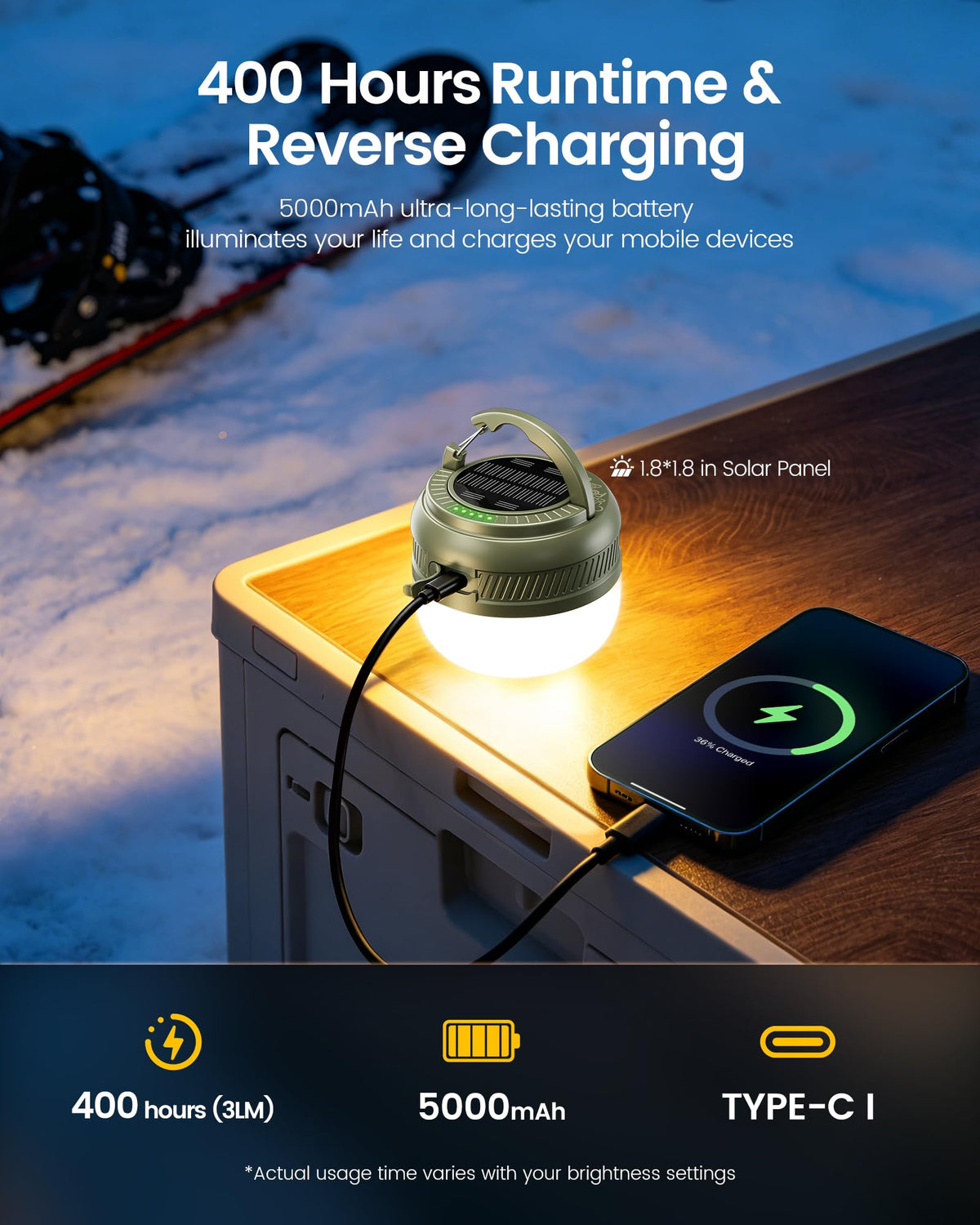 Glocusent Camping Lantern - 5000mAh, Rechargeable, Solar - product view 3
