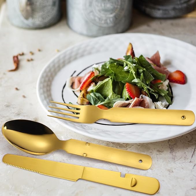 Picnic Silverware Gold Camping Cutlery Fork Knife Spoon Bottle Opener 4 Pieces Flatware Utensil Kit