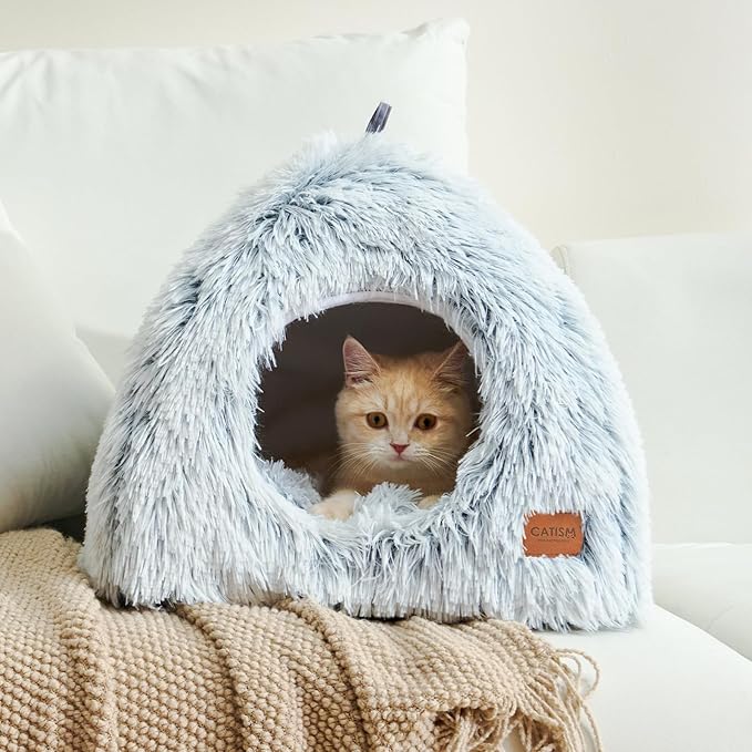 CATISM Cat Beds for Indoor Cats 2 in 1 Cat Bed Cave Machine Washable Fluffy Cat Cave Bed Foldable