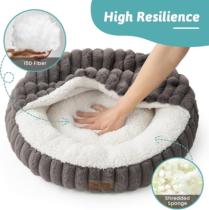 Cat Bed with Hooded Blanket, Round Fluffy Anti-Anxiety Pet Bed for Cats/Small Dogs, Cozy Donut