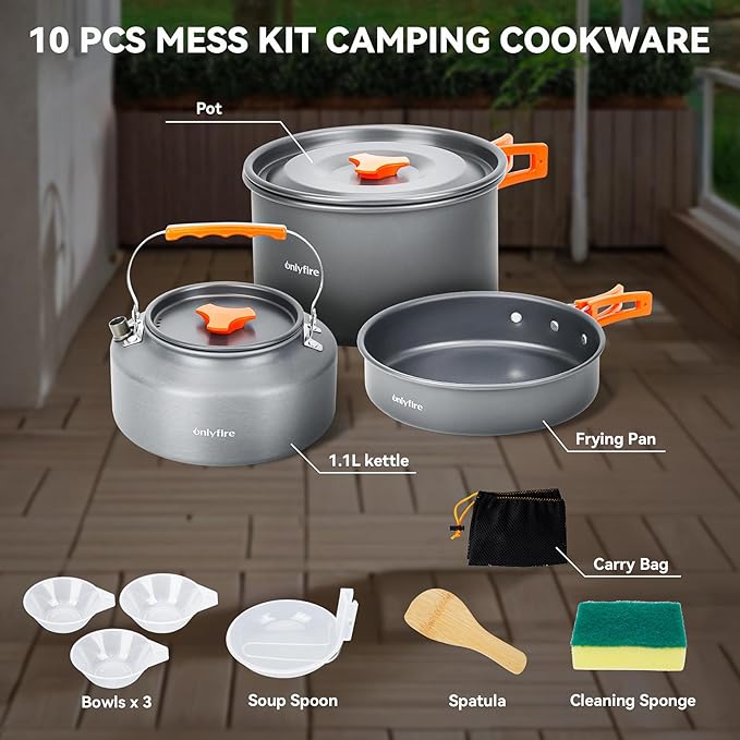 Onlyfire 10pcs Camping Cookware Mess Kit, Non-Stick Lightweight Pot Pan Kettle Set with Plates