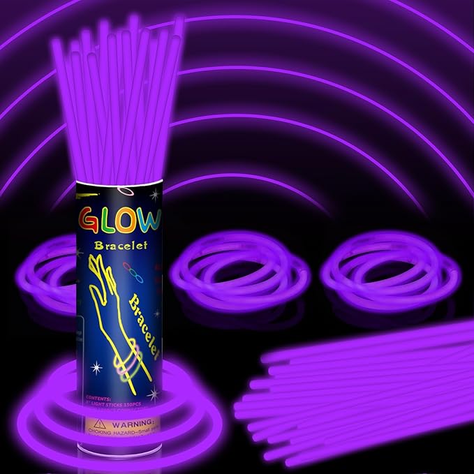 150 Pack 8” Purple Glow Sticks Bulk with 150 Connectors Neon Glow In The Dark Party favors Supplies