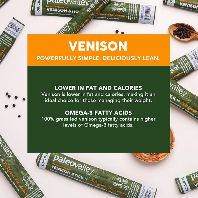Paleovalley 100% Grass Fed Venison Sticks – 10 Pack – Keto-Friendly, High Protein, Low-Calorie