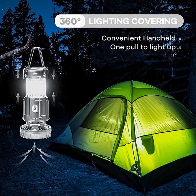 Solar Camping Lantern with Fan, Collapsible USB Rechargeable & Battery Powered Emergency Hanging