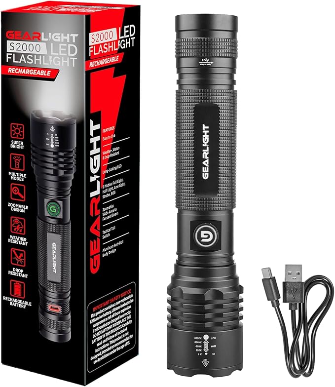 GearLight S2000 LED Rechargeable Flashlight High Lumens - Super Bright, Powerful, Mid-Size Tactical