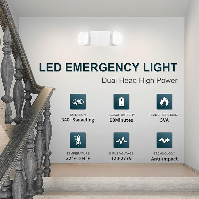 Emergency Light with Backup Battery, Two Head Adjustable Commercial Emergency Lights for Home Power