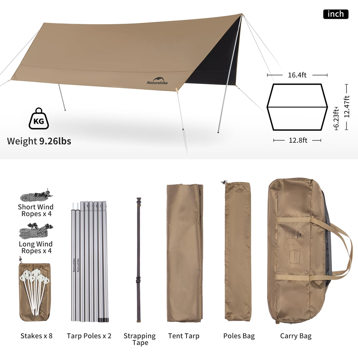 Naturehike Cloud Skies Camping Tent Tarp with Poles, Waterproof PU 18000mm+ Rain Shelter, Anti-UV