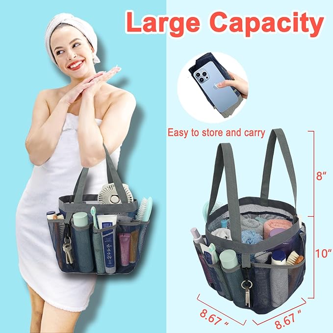 Mesh Shower Caddy Portable for College Dorm Room Essentials, 8-Pocket Large Shower Basket Tote Bag