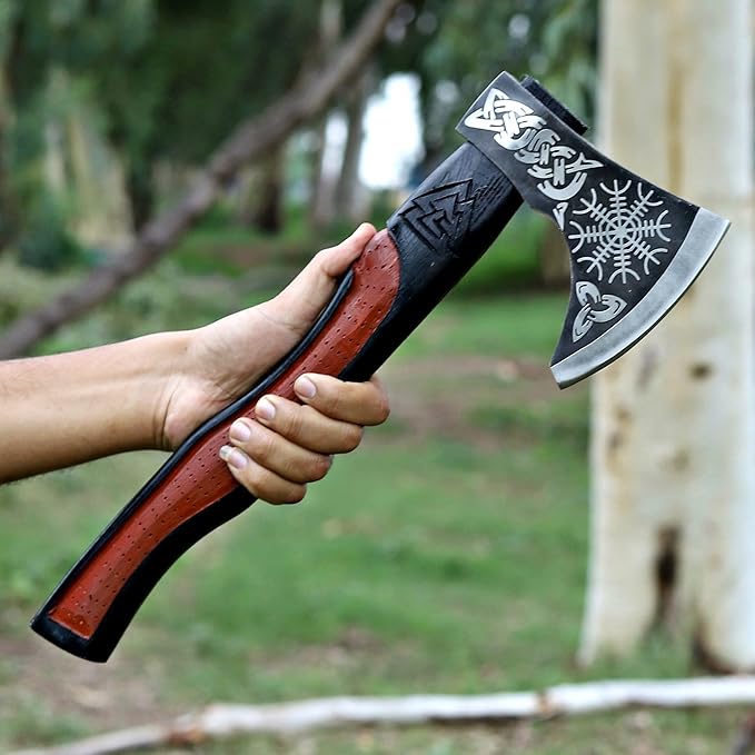 Viking Axe | 18" Carbon Steel Throwing Hatchet with Ash Wood Handle & Leather Sheath | Etched Norse