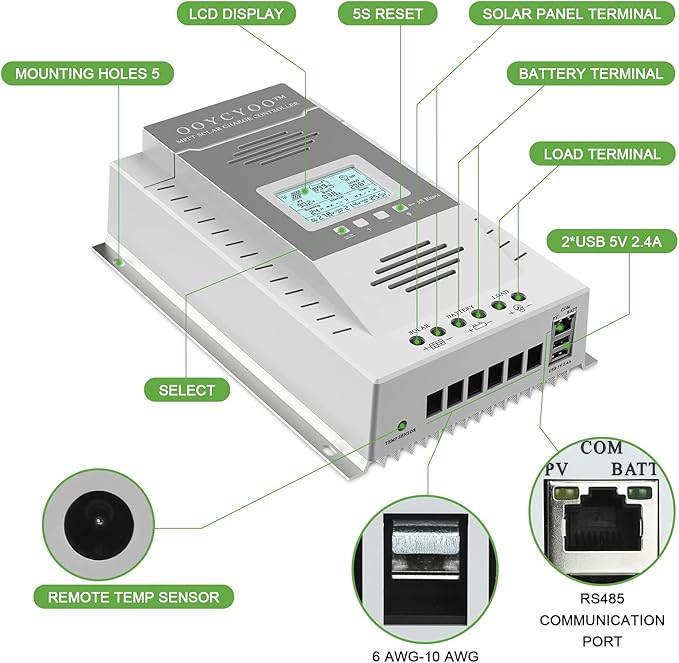 MPPT Charge Controller 100 amp 12V/24V Auto, 100A Solar Panel Charge Regulator with Blacklight LCD