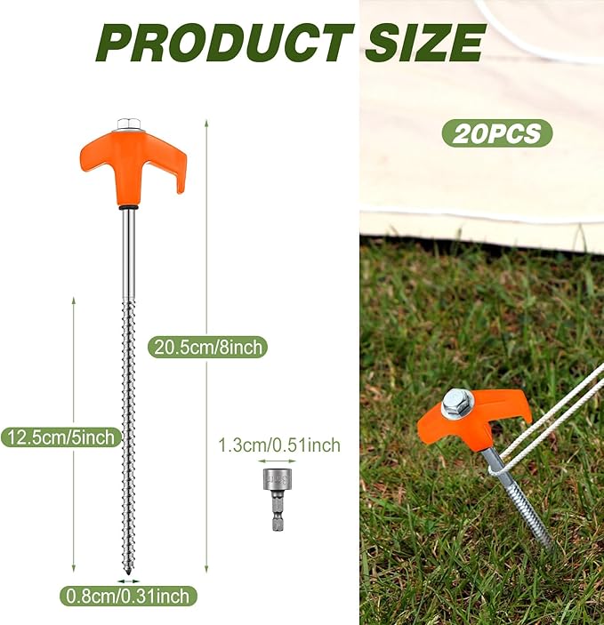 Hicarer 20 Pcs 20 Pcs 8'' Screw in Tent Stakes Heavy Duty Ground Metal Stakes for Inflatables with