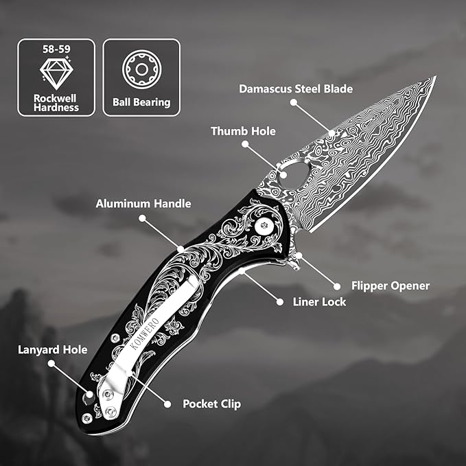 KOMWERO Damascus Pocket Knife with 2.95" VG10 Steel Blade, Folding Knife with Aluminum Alloy