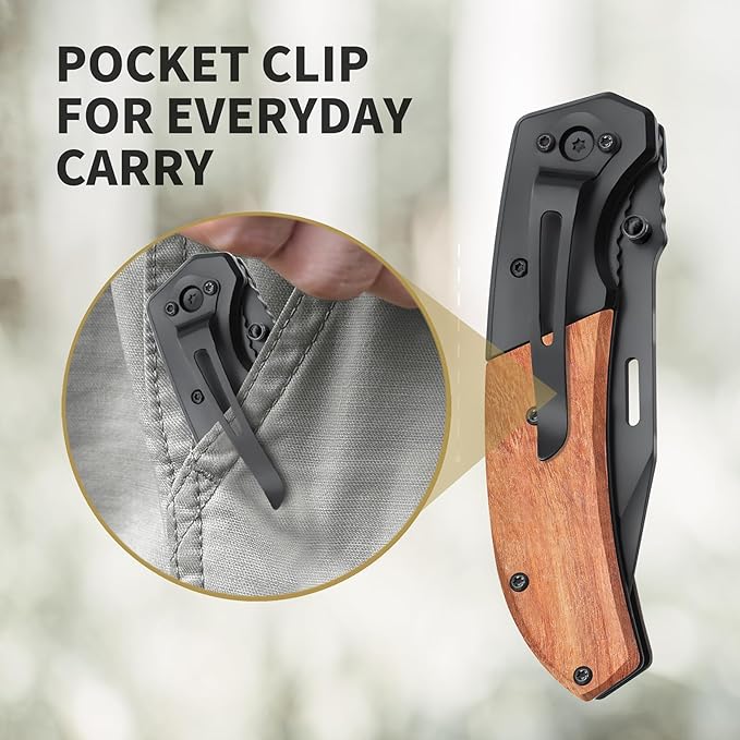 Pocket Knife for Men, Folding Knife with Pocket Clip, Wood Handle EDC for Women with 3.4″ Black
