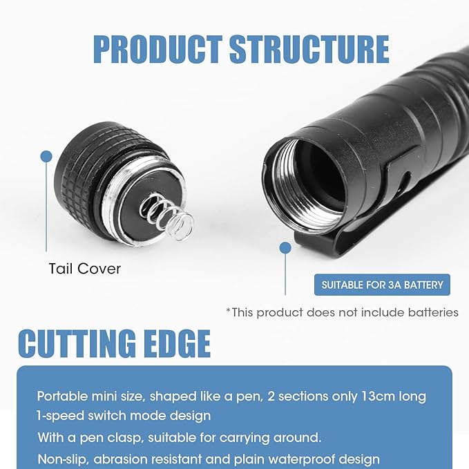 5.1" Mini Pocket Flashlight, Small LED Pen Light with Clip, 500 Lumen Torch White Light Powered by