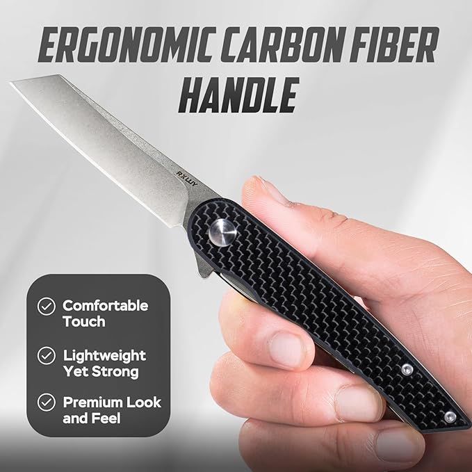 Folding Pocket Knife, 2.79??14C28N Steel Blade Carbon Fibre Handle Flipper Liner Lock Small Praxis