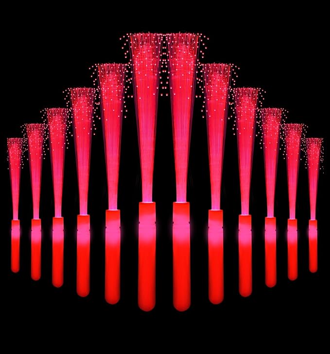 12 Pack Red Glow Fiber Optic Wands Bulk Light Up Wand Glow Sticks with 3 Lighting Modes for