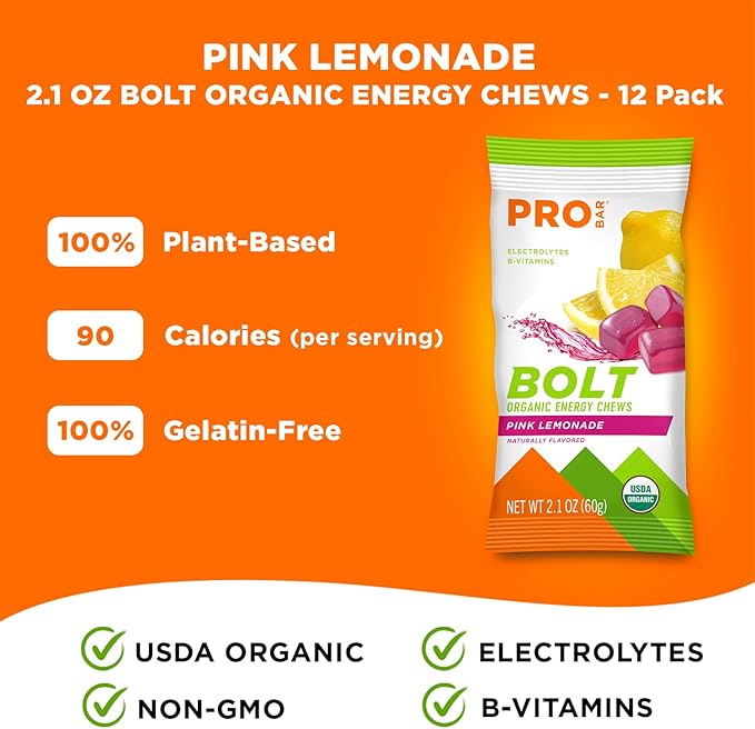 PROBAR - BOLT Organic Energy Chews, Pink Lemonade, Non-GMO, Gluten-Free, USDA Certified Organic