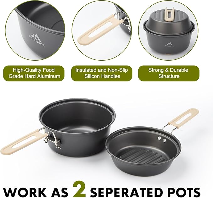 17pcs Camping Cookware Kit, 0.45Gal Pot, 7inches Pan,0.30Gal Kettle Set with 2 Set Stainless Steel