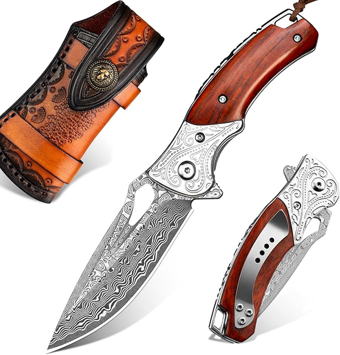 NedFoss Heron Damascus Pocket Knife, 2.8" Handmade Forged VG10 Damascus Steel Blade, 6.5" EDC